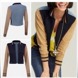 CAbi Blue and Tan Colorblock Cardigan